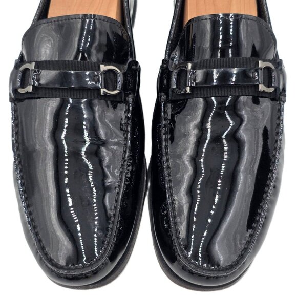 Salvatore Ferragamo Mens 8D Black Patent Leather Gancini Bit Loafers Dress Shoes main image 7